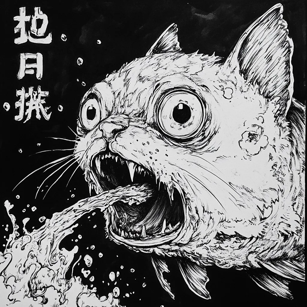 A grotesque, ink-drawn cat-like creature with exaggerated features, wide eyes, and sharp teeth, expels a torrent of water from its open mouth.  The style is reminiscent of Japanese woodblock prints, with detailed hatching and cross-hatching creating a sense of texture and depth.  Chinese characters flank the creature, adding to the piece's enigmatic and unsettling atmosphere.  The overall effect is dark, surreal, and visually arresting.