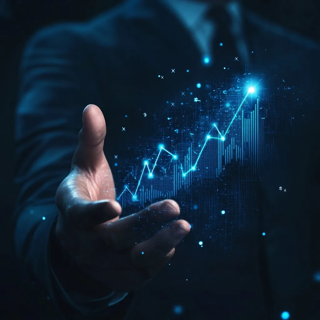 A businessman's open hand displays a glowing, upward-trending graph.  The graph, rendered in vibrant blue, symbolizes growth and success.  The digital data points and bar chart elements suggest technological advancement and financial prosperity. The image conveys a sense of opportunity and positive future prospects.