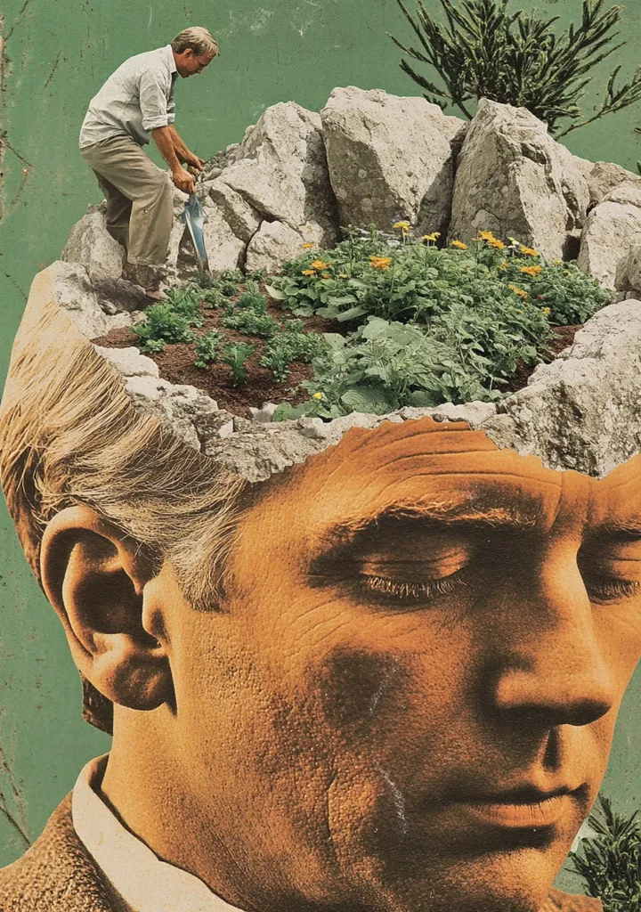 A surreal collage depicts a man's head split open, revealing a vibrant garden flourishing amidst rocks. A figure is shown tending to the plants within the head, using a shovel.  The image contrasts the fragility of the mind with the resilience and growth of nature, suggesting inner peace or the cultivation of thoughts and emotions.  The vintage aesthetic enhances the dreamlike quality.
