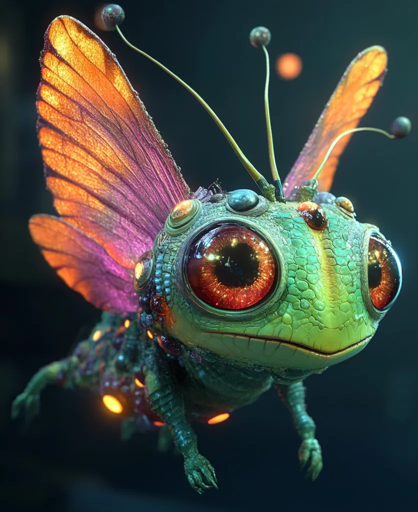 A whimsical creature, resembling a fantastical insect hybrid, floats in a dark setting.  Its body is green and textured, adorned with glowing orange accents.  Large, expressive orange and red eyes dominate its face.  Delicate, iridescent wings, blending orange and purple, complete its enchanting appearance.  The overall effect is one of magical realism and captivating detail.