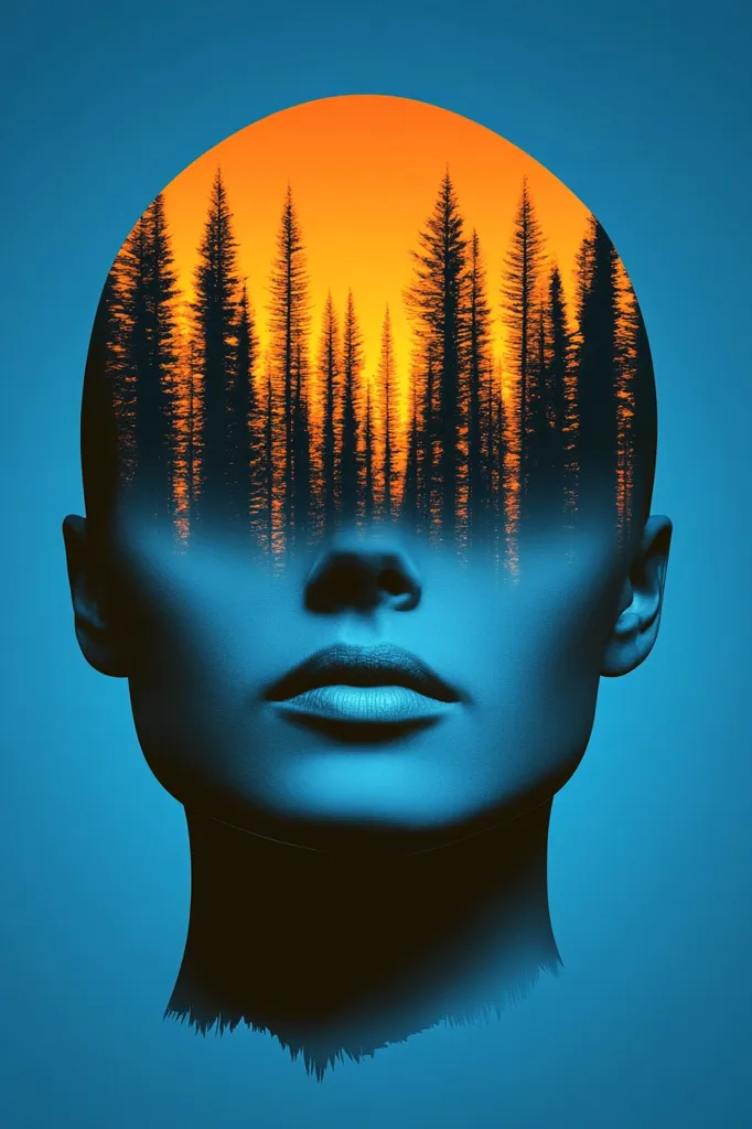 A surreal artwork depicts a woman's head, her face a cool blue tone.  A circular image within her head showcases a vibrant orange sunset behind a dark silhouette of a pine forest. The image creates a striking contrast between the cool blues and warm oranges, suggesting a connection between inner peace and the natural world.  The overall effect is one of serene contemplation and the beauty of nature.