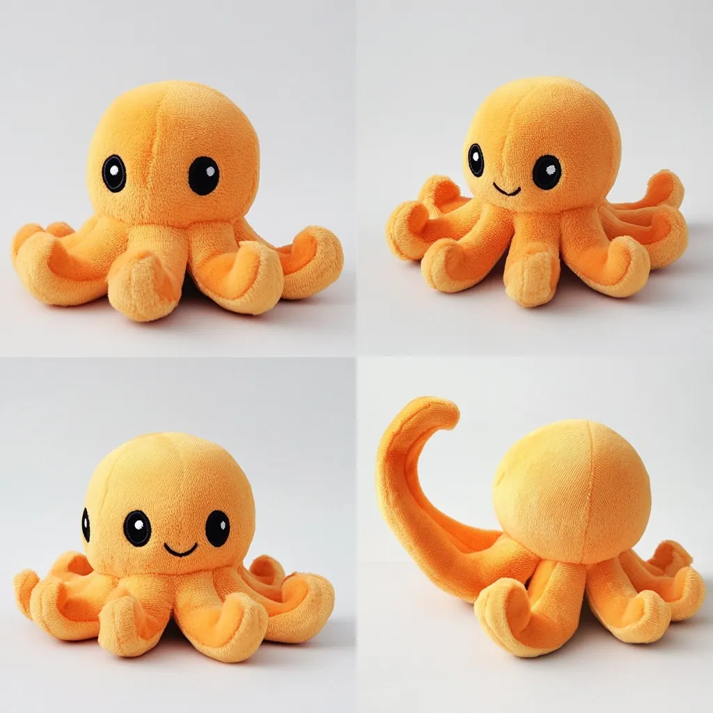 Four images showcase a cute, orange plush octopus toy from different angles.  The octopus has large, expressive eyes and a small, smiling mouth. Its soft, plush texture is evident, and the toy's pose varies slightly in each image, highlighting its cuddly design. One image shows a tentacle playfully curled.