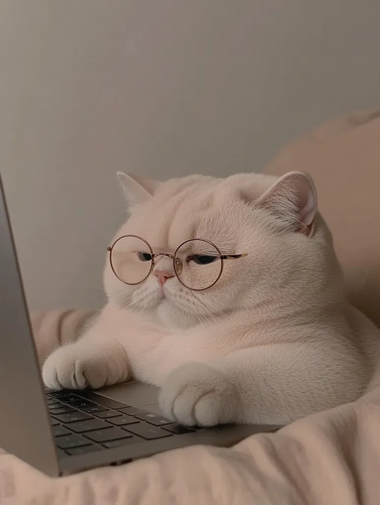 A fluffy white cat, wearing round eyeglasses, sits attentively at a laptop.  Its paws rest gently on the keyboard, suggesting intense concentration on the screen.  The cat's expression is serious and the overall aesthetic is calm and minimalist.  The soft lighting and muted tones enhance the image's peaceful mood.