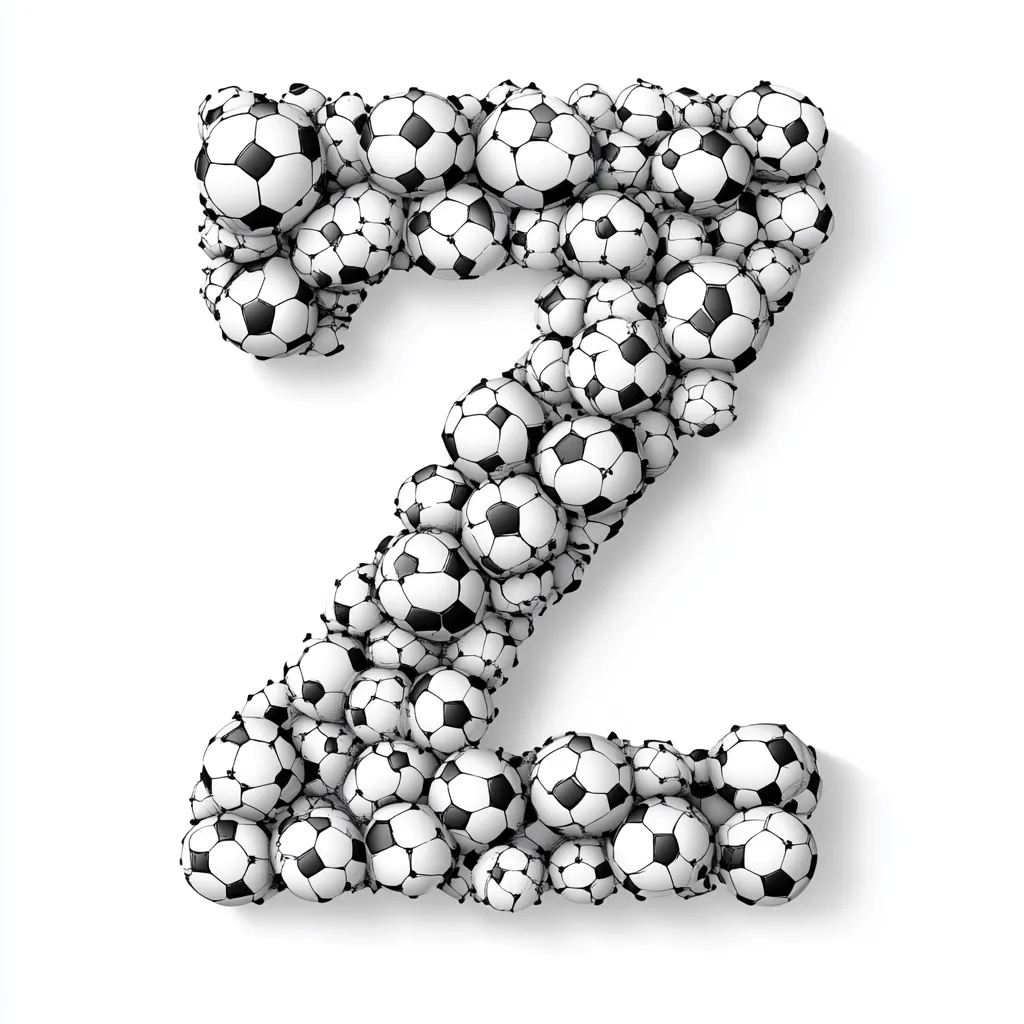 The letter 'Z' is formed by numerous miniature soccer balls, tightly clustered together.  The black and white patterned balls create a three-dimensional effect, giving the letter a textured appearance against a plain white background. The shadow cast beneath subtly enhances the letter's form.