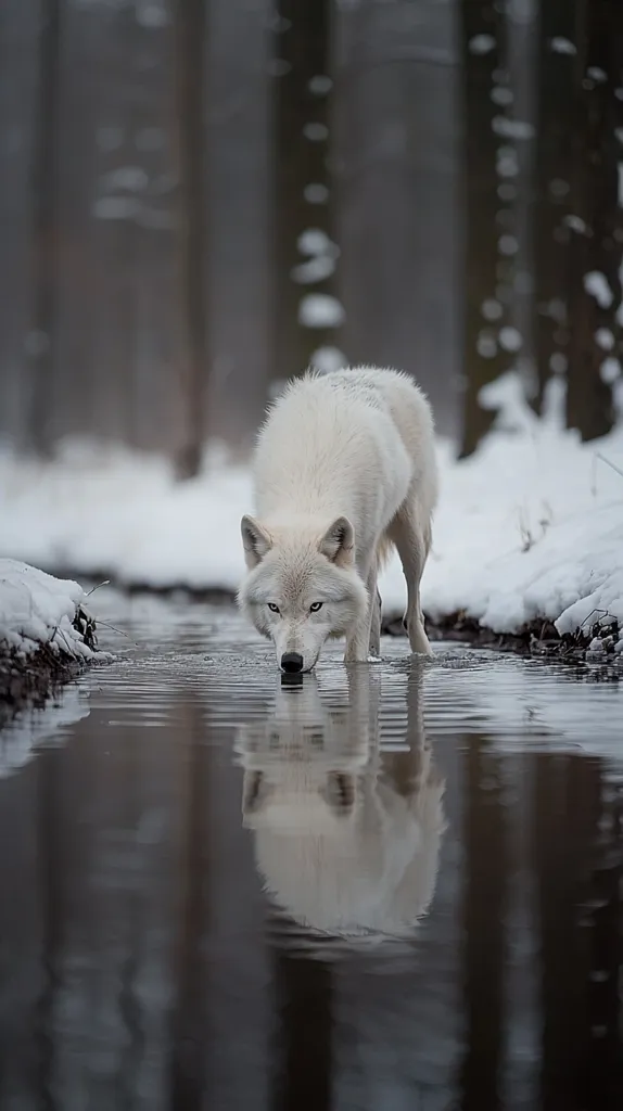 A majestic arctic wolf, its fur pristine white, bends to drink from a clear stream in a snowy forest.  The tranquil scene is mirrored perfectly in the still water, creating a captivating double image.  The wolf's intense gaze is directed downward, its reflection a ghostly duplicate in the icy depths. The blurred background of snow-covered trees emphasizes the wolf's isolation and beauty.