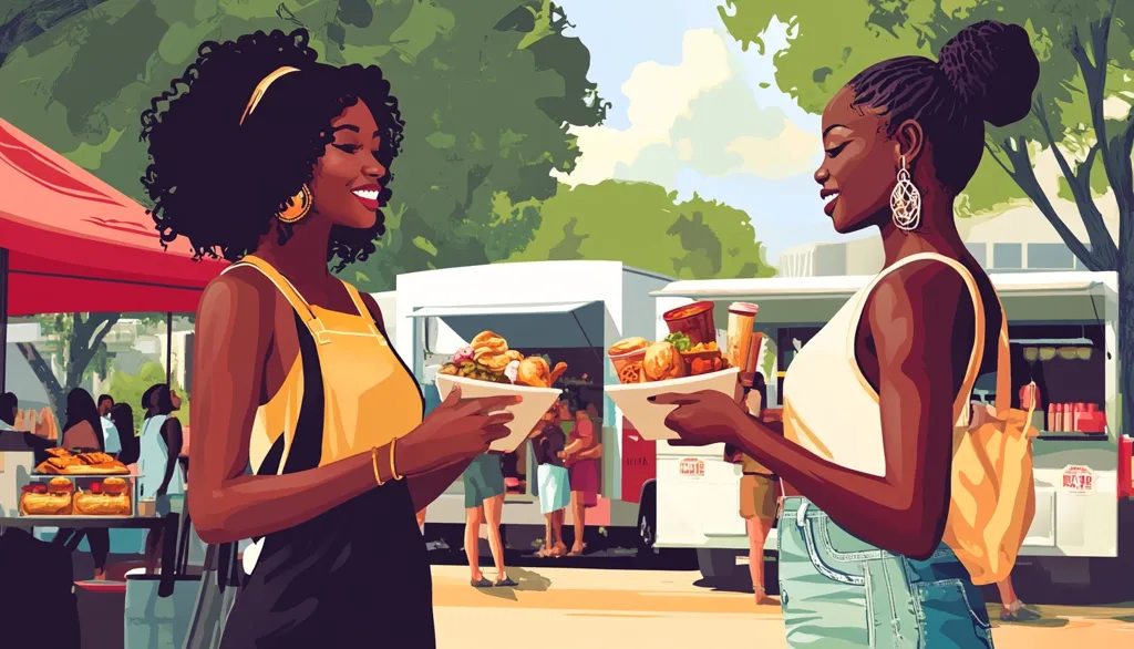 Two Black women, stylishly dressed, share food at an outdoor market.  One carries a yellow bag, the other a tan backpack.  They stand between food trucks, smiling and enjoying their purchases.  A bustling market scene is visible in the background, with other people and food stalls.  The vibrant illustration captures a sunny, cheerful atmosphere.