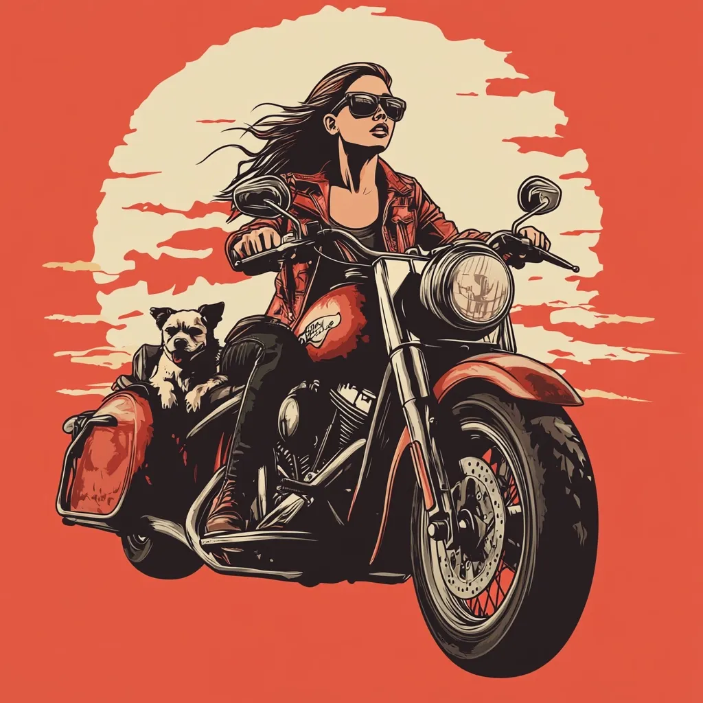 A stylish woman with long brown hair and sunglasses rides a red Harley-Davidson motorcycle.  Her small dog sits comfortably in the sidecar.  The vibrant illustration is set against a warm orange backdrop featuring a stylized sunset, creating a classic and adventurous feel. The image conveys freedom and a sense of the open road.