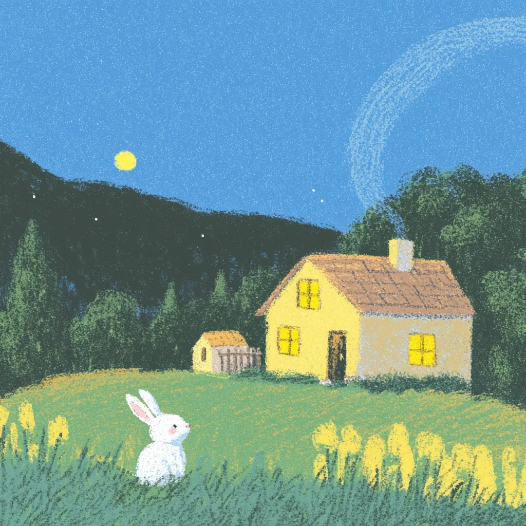 A charming illustration depicts a peaceful nighttime scene. A small, white rabbit sits in a grassy field, illuminated by a bright moon and stars. A quaint yellow house with warm, glowing windows sits in the background, smoke gently curling from its chimney.  Dark green trees and a softly rolling hill complete the serene, countryside setting. The overall style is reminiscent of children's book illustration.
