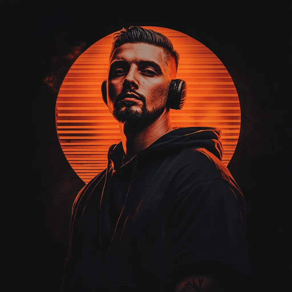 A young man with short, dark hair and a beard wears dark-colored headphones and a hoodie. He's positioned against a backdrop of an orange, circular light, creating a striking contrast. The image has a moody, stylized aesthetic, with deep shadows and vibrant highlights.  His expression is serious and intense. The overall feel is edgy and contemporary.