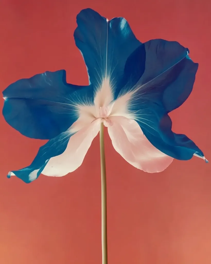 A single flower, predominantly blue with white accents, stands against a coral-colored background. Its petals are delicately textured, creating a sense of lightness and airiness. The stem is slender and tall, extending from the flower's center. The vibrant color contrast between the flower and the background creates a striking visual effect, emphasizing the flower's unique form.