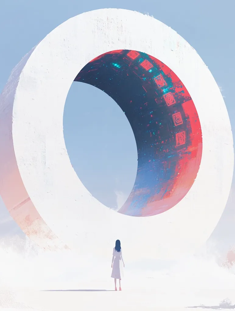 A solitary woman in a white dress stands before a massive, white circular structure.  The structure's interior is a vibrant, contrasting tunnel of deep blues and reds, adorned with glowing, geometric symbols. The scene is minimalist, set against a pale sky and a vast, white landscape, creating a surreal and contemplative atmosphere.  The woman's back is to the viewer, suggesting a journey into the unknown.