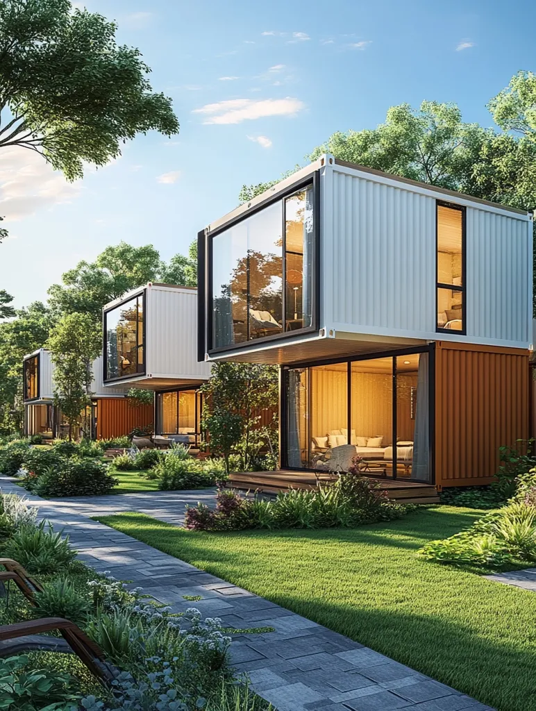 A row of modern, stylish shipping container homes sits nestled in a lush green landscape.  Large windows offer ample natural light, showcasing the comfortable interiors.  The homes are a blend of white and orange, creating a contemporary and inviting atmosphere. A paved pathway winds through the well-maintained lawn and gardens, creating a serene and peaceful setting.