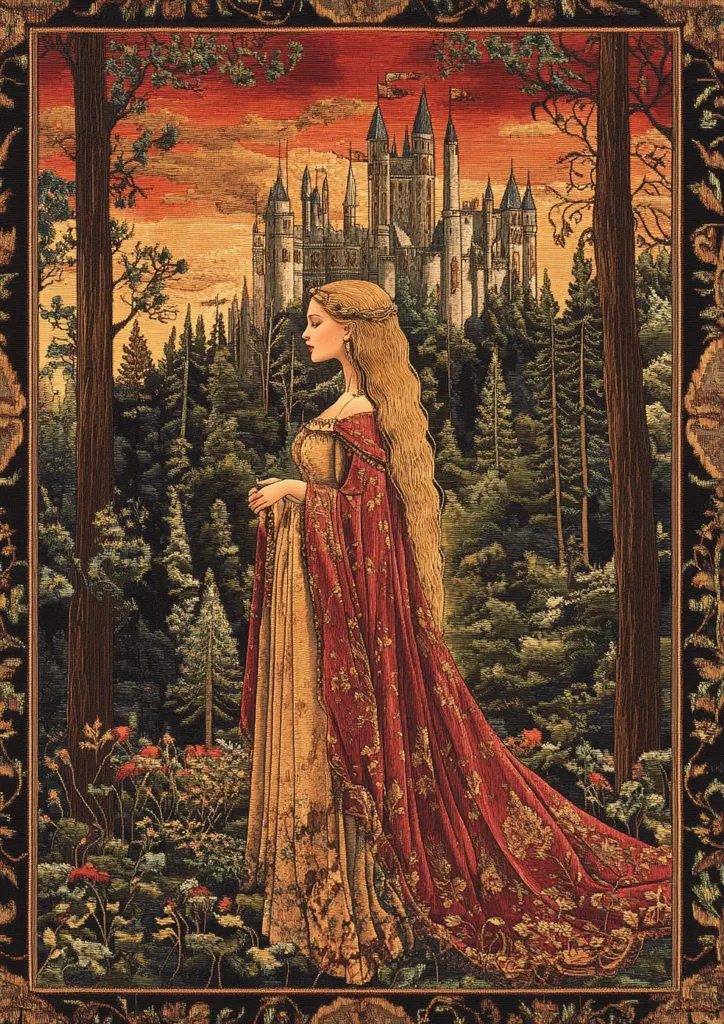 A tapestry depicts a fair maiden in a long, flowing gold and burgundy gown.  She stands in a forest, her long blonde hair cascading down her back, gazing towards a majestic castle perched on a hilltop in the distance.  The scene is set at sunset, with warm, rich colors illuminating the landscape. The overall style suggests a medieval or fantasy setting, evoking a sense of romance and mystery.
