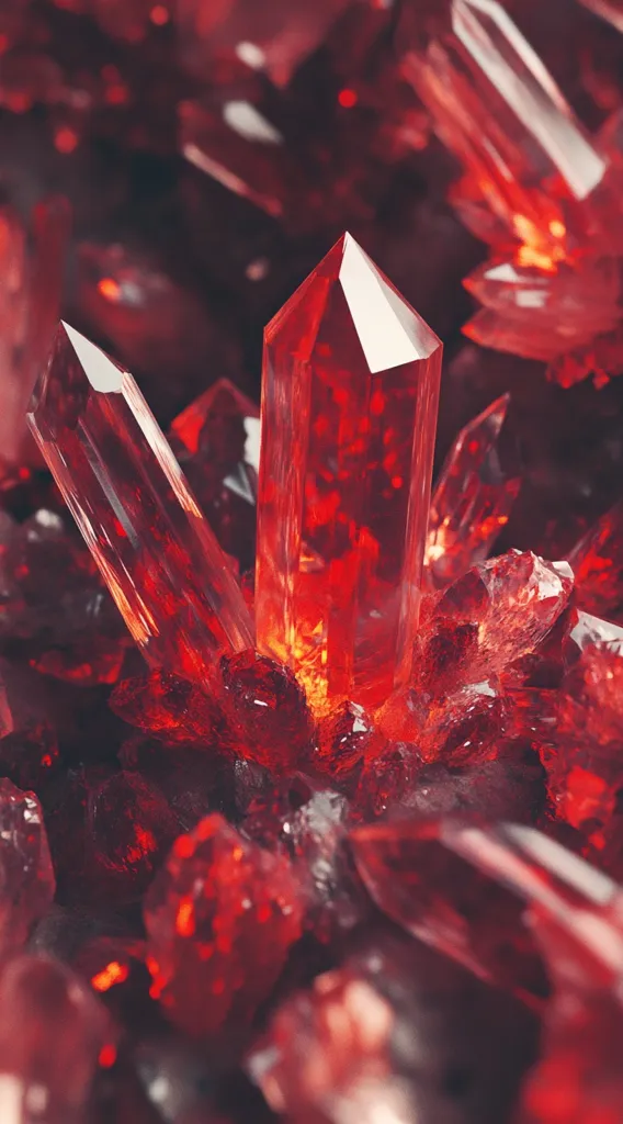 A close-up shot reveals a cluster of vibrant red crystals, their facets catching the light.  The central crystals are sharply defined, long and pointed, surrounded by smaller, irregularly shaped crystals of varying shades of red. The overall effect is one of intense color and intricate texture, suggesting a geode or similar geological formation. The image evokes a sense of both beauty and raw power.