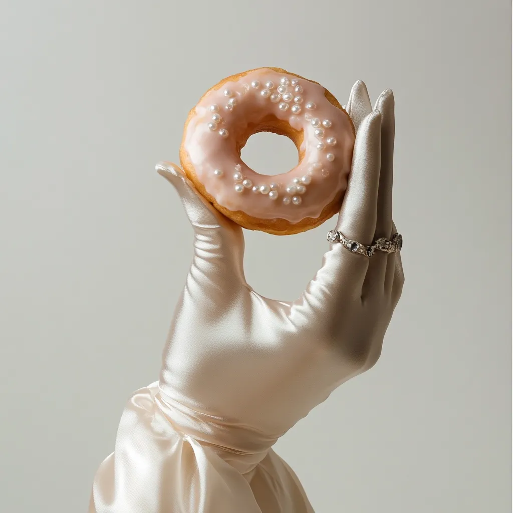 A delicately gloved hand, adorned with a silver ring, presents a delectable donut.  The donut is generously coated in a pale pink glaze, speckled with tiny white pearls. The overall aesthetic is elegant and subtly luxurious, creating a visually appealing contrast between the simple treat and the refined presentation.