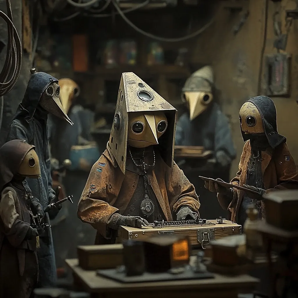 A group of peculiar, masked figures populate a dimly lit, cluttered workshop.  The central figure, wearing a large, triangular headpiece, operates a strange device resembling a musical instrument or telegraph.  Others stand by, some observing, others holding tools. The overall aesthetic is steampunk-inspired, with a blend of rustic and technological elements in the clothing and surroundings.  The atmosphere is mysterious and somewhat unsettling.