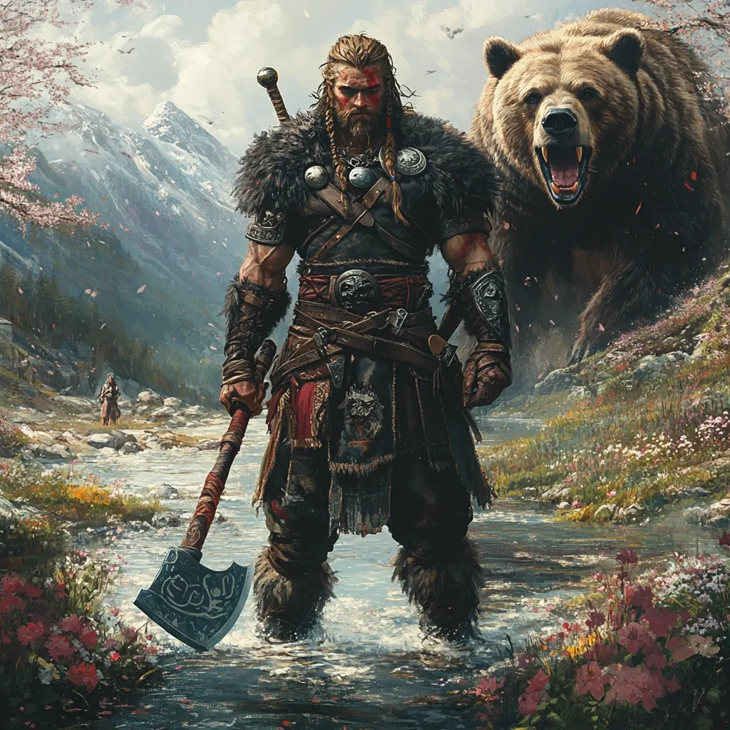 A powerful Viking warrior, clad in furs and leather armor, stands defiantly in a shallow stream.  He wields a large battle-axe, his gaze intense.  A massive brown bear looms behind him, adding to the scene's fierce atmosphere.  The background features a tranquil river, lush wildflowers, and snow-capped mountains under a partly cloudy sky. A solitary figure is visible in the distance, adding depth to the dramatic landscape.