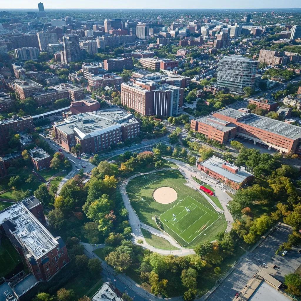 An aerial view showcases a university campus nestled within a city.  Brick buildings of varying heights are surrounded by lush green trees and meticulously landscaped grounds. A central athletic field, featuring a soccer pitch and a circular area, is a focal point.  The surrounding cityscape extends to the horizon, offering a contrast between urban density and the tranquil campus environment.