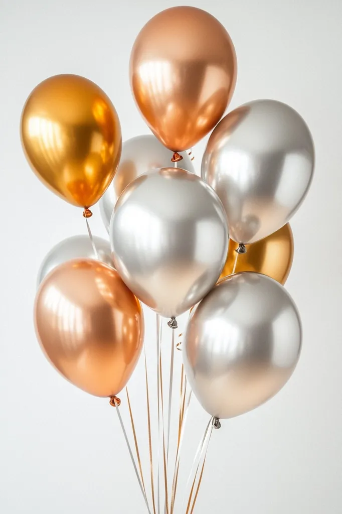 A cluster of metallic balloons in rose gold and silver hues floats against a plain white backdrop.  The balloons are shiny and reflective, creating a celebratory and elegant atmosphere.  They are tied together with coordinating ribbons, suggesting a festive occasion. The arrangement is visually appealing, with the varying shades of metallics complementing each other.