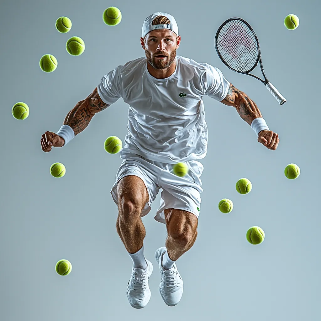 A muscular male tennis player, wearing a white Lacoste shirt and shorts, leaps mid-air against a gray backdrop.  He holds his arms out to the sides, a tennis racket floats beside him, and numerous tennis balls surround him, seemingly suspended in motion.  The athlete's focused expression and powerful physique are highlighted, conveying a sense of strength and dynamism.