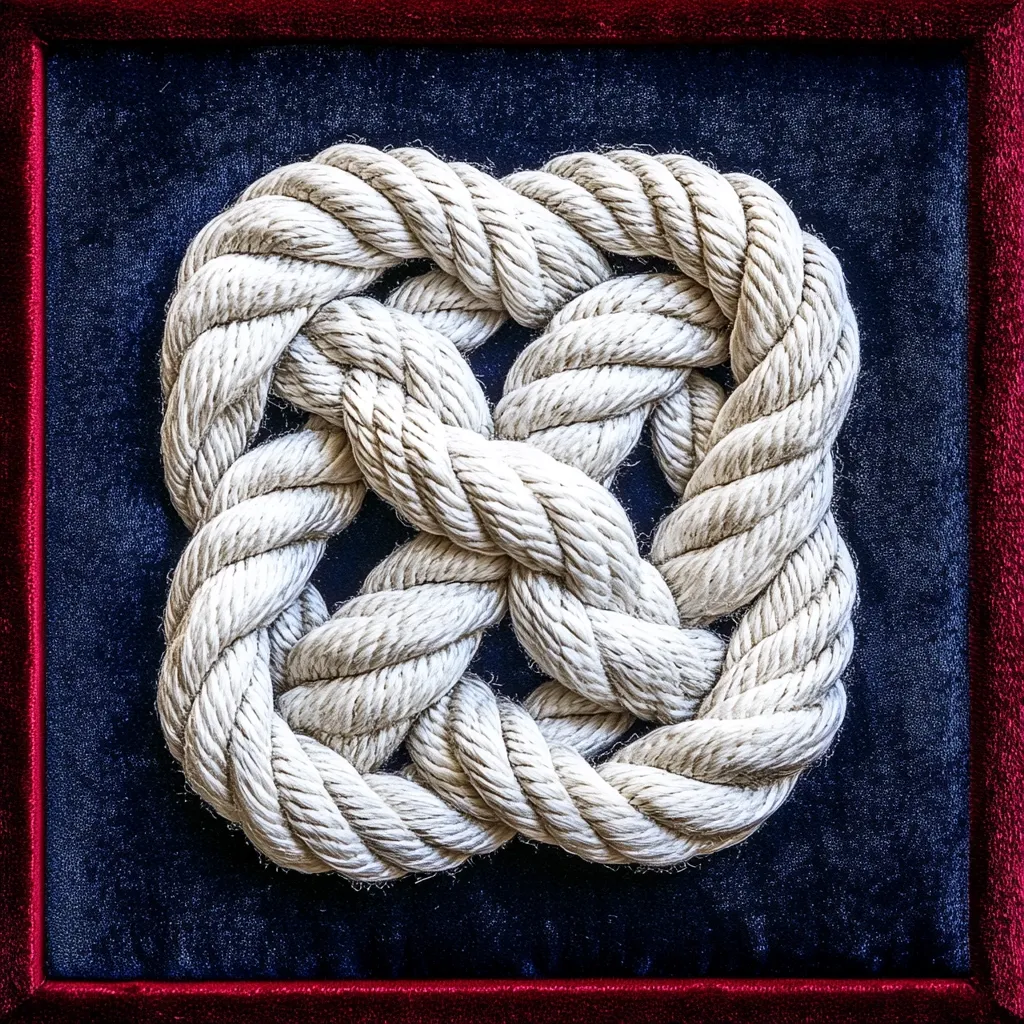 A meticulously crafted square knot, fashioned from thick, off-white rope, is displayed within a dark blue velvet-lined, crimson-bordered frame. The knot's intricate design showcases the rope's texture and the skill involved in its creation.  The contrast between the light rope and dark background enhances the knot's visual appeal. The overall presentation suggests a maritime or nautical theme, possibly a decorative piece or artifact.