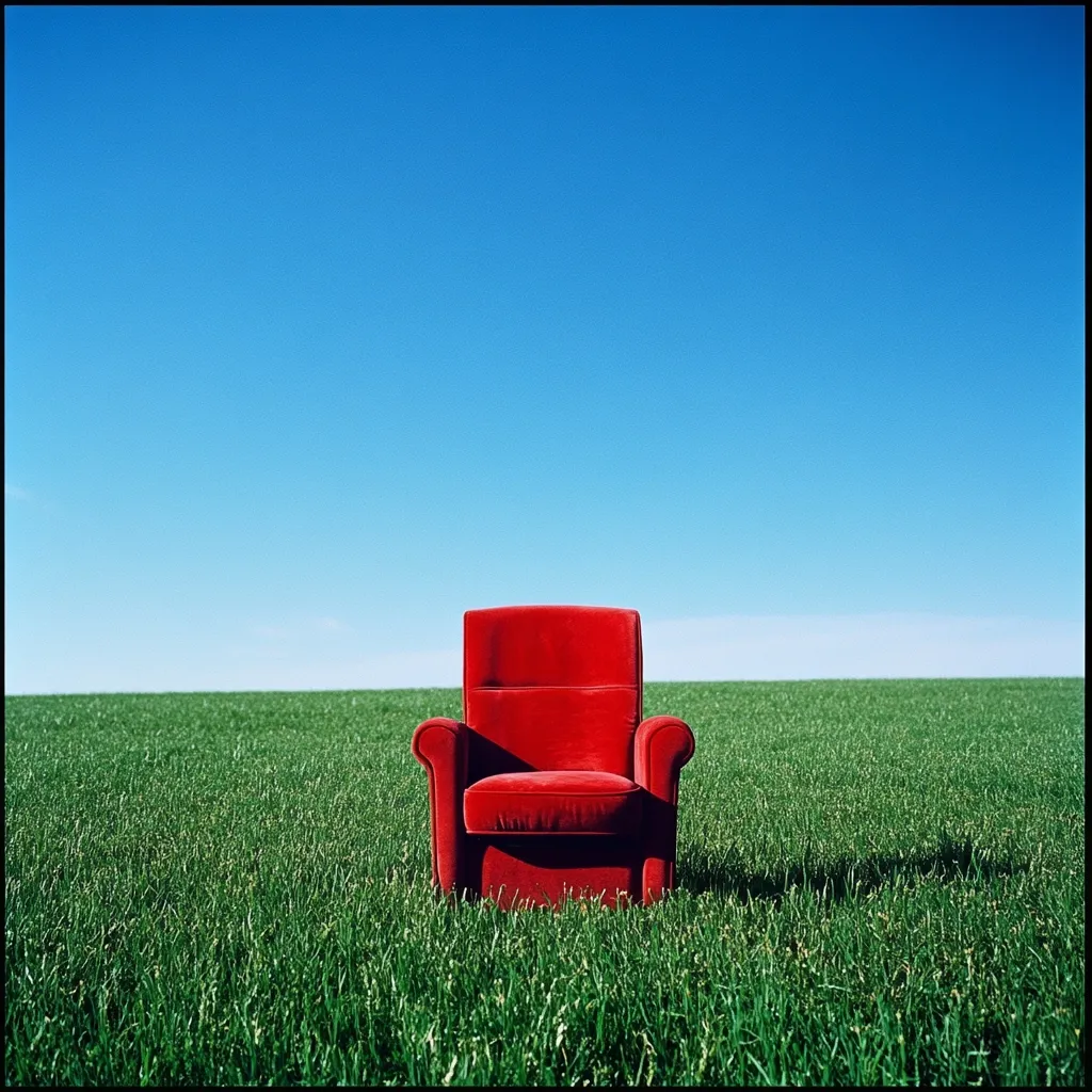 A vibrant red armchair sits alone in a vast, verdant field under a clear blue sky.  The contrast of the chair's bold color against the natural green and blue creates a striking and surreal image. The scene evokes a sense of peace, solitude, and unexpected juxtaposition. The chair appears comfortable and inviting, despite its unusual location.