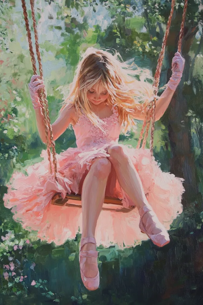 A young girl with blonde hair, wearing a pink dress and ballet slippers, sits on a swing amidst lush greenery. Sunlight filters through the leaves, illuminating her and creating a dreamy atmosphere.  Her delicate features and the light pink of her attire complement the vibrant green background, showcasing a moment of youthful joy and carefree innocence. The painting style is impressionistic, with visible brushstrokes adding to the overall whimsical feel.