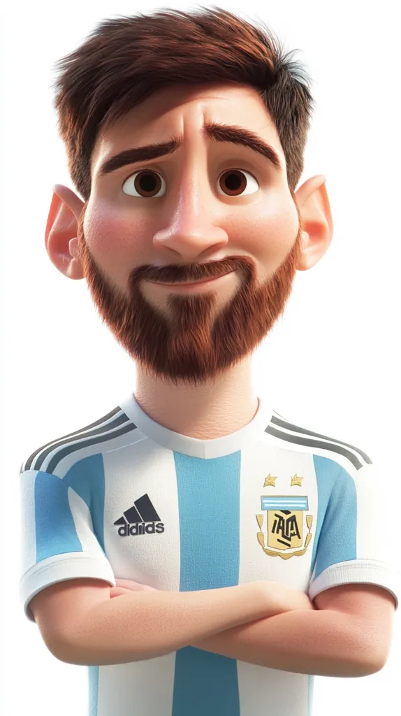 A stylized cartoon depiction of Lionel Messi.  He's depicted with a slightly exaggerated, caricatured face and features, sporting a light-hearted expression. He's dressed in an Argentinian national football team jersey, complete with the Adidas logo and the AFA crest, arms crossed confidently. The rendering is clean and bright, with a focus on the character's playful personality.