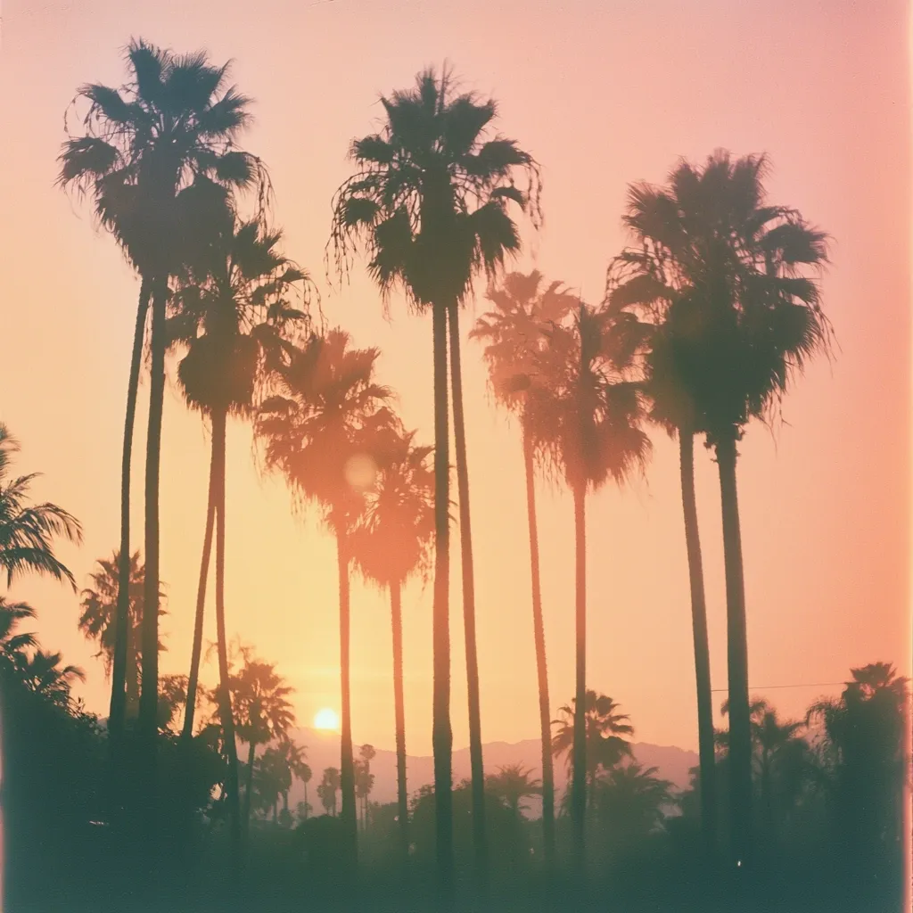 Silhouetted palm trees stand tall against a vibrant sunset.  The warm, peach-colored sky glows as the sun dips below the horizon, casting a hazy, golden light on the scene.  Several palm trees are in the foreground, with a line of them stretching into the distance, creating a tranquil and idyllic tropical atmosphere.  The mountains are faintly visible in the background.