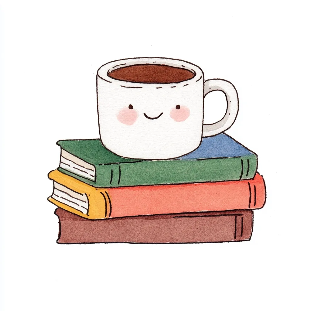 A charming watercolor illustration depicts a smiling coffee mug perched atop a stack of three books.  The mug is white with rosy cheeks and a simple smile, filled with dark brown coffee. The books are various colors – green, coral, and brown – suggesting a cozy and comforting reading nook scene. The style is whimsical and hand-drawn.