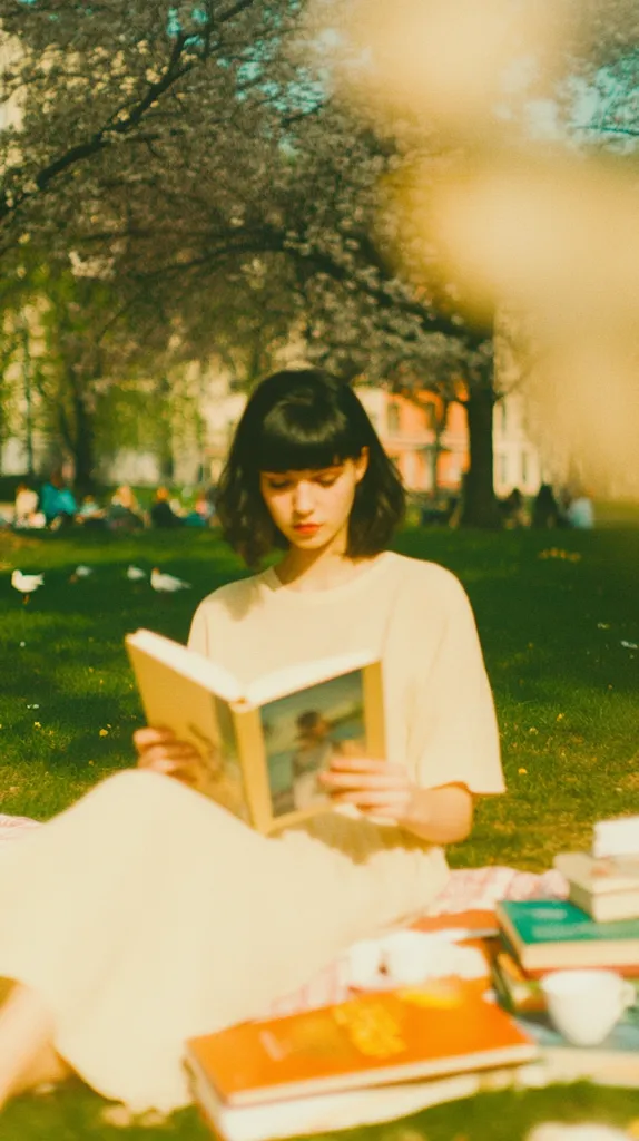 A young woman with short dark hair sits on a grassy park, bathed in sunlight filtering through blossoming trees. She's engrossed in a book, its pages open, revealing a glimpse of an image within.  A soft, vintage-style filter enhances the warm tones of the scene, creating a peaceful and idyllic atmosphere.  Other books and a small cup rest beside her on a picnic blanket.