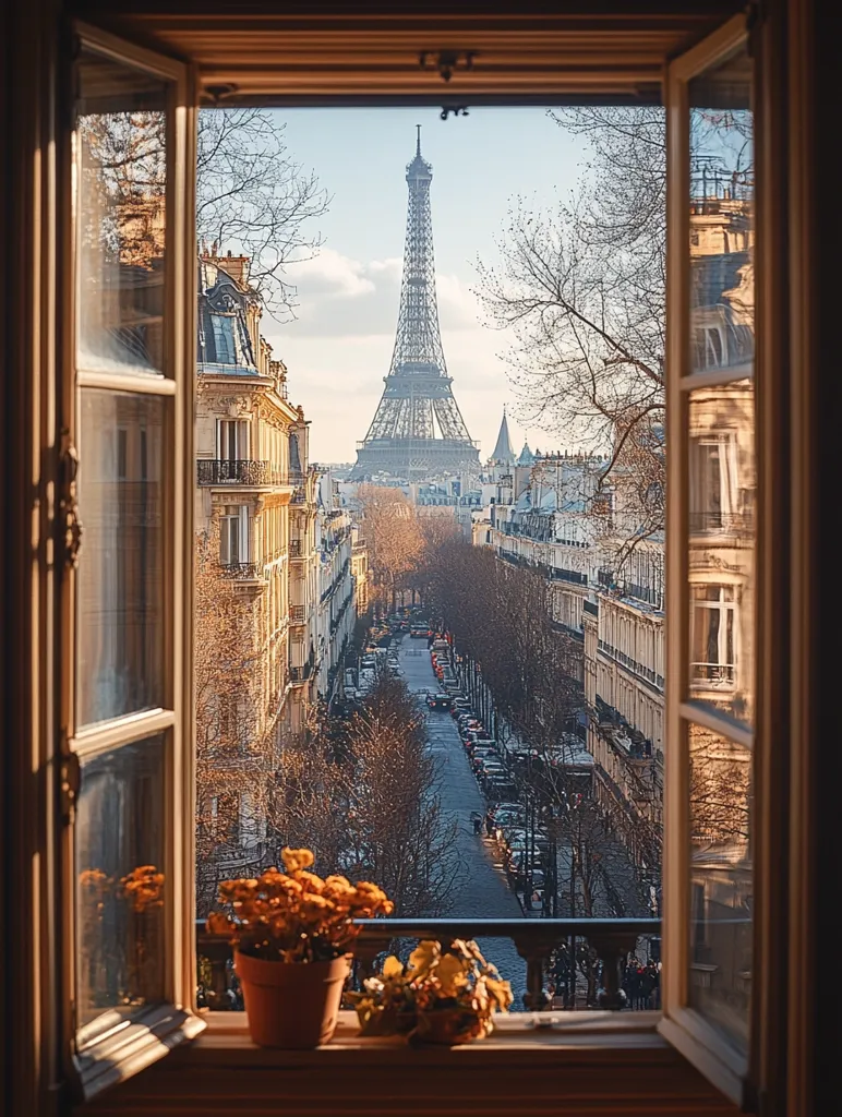 A Parisian window offers a picturesque view of the Eiffel Tower.  Sunlight illuminates a tree-lined street stretching towards the iconic landmark.  Buildings with classic Parisian architecture line the street.  A small potted plant sits on the windowsill, adding a touch of warmth to the scene.  The overall impression is one of serene beauty and Parisian charm.