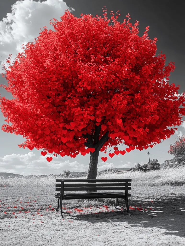 A vibrant red tree, adorned with red heart-shaped ornaments, stands against a monochrome landscape.  A solitary bench sits beneath the tree, creating a serene and romantic scene. The contrast of the red tree with the grayscale background emphasizes its beauty.  The image evokes feelings of love and tranquility.