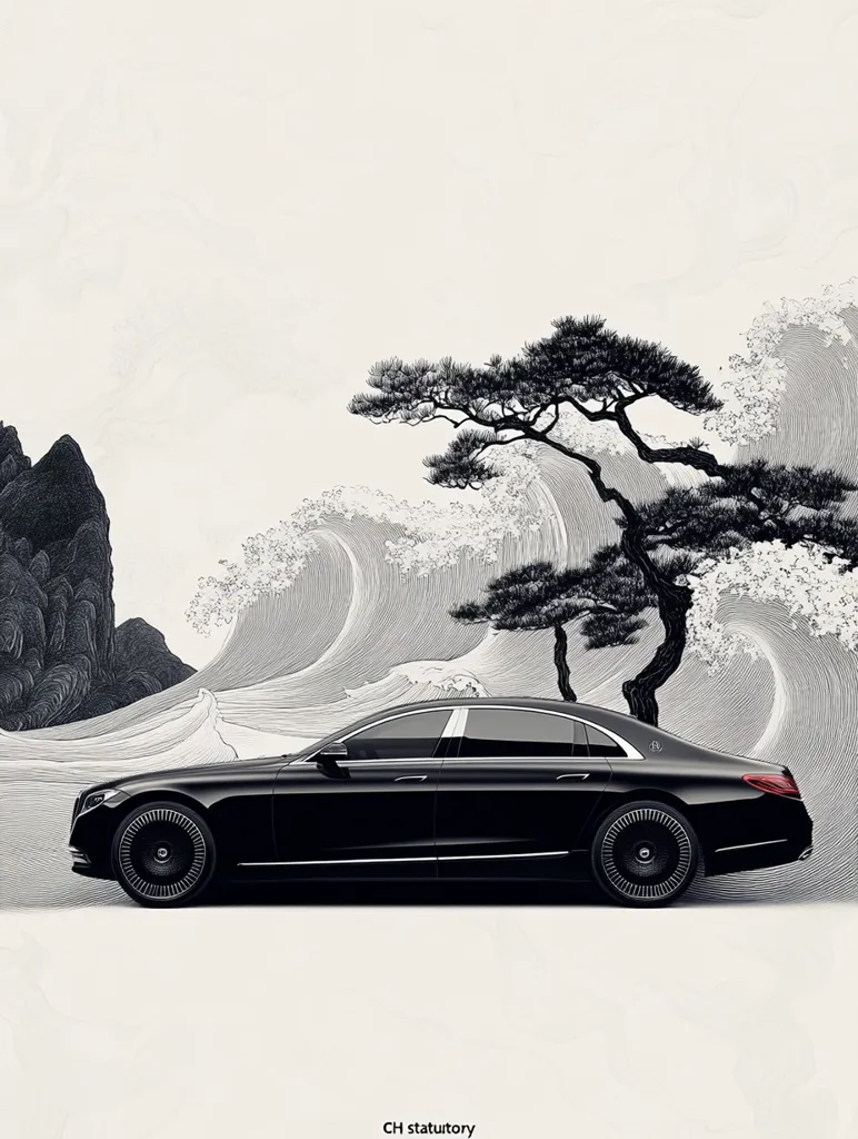 A sleek, black Mercedes-Maybach S-Class sedan is prominently displayed against a minimalist backdrop.  The background features a stylized ink wash painting of crashing waves, rocky cliffs, and a resilient pine tree, evoking a sense of serene power and elegance. The contrast between the modern car and the traditional art creates a visually striking image.  "CH statutory" is subtly placed at the bottom.
