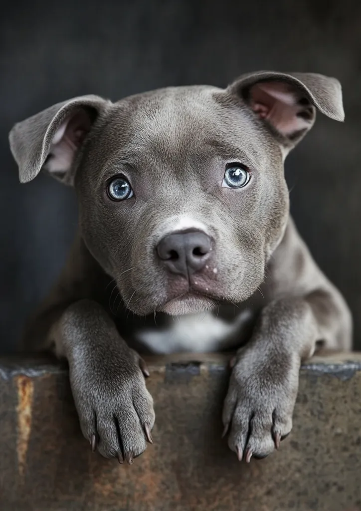 A close-up portrait of an adorable gray Pit Bull puppy with striking blue eyes.  The puppy's paws rest on a rusty surface, its gaze directed straight at the camera.  The dark background accentuates the puppy's soft fur and intense stare, creating a captivating and heartwarming image. The overall mood is one of gentle curiosity and innocence.