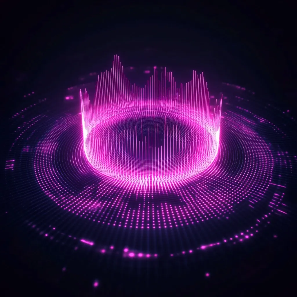 A vibrant, abstract image showcases a glowing pink circular structure.  Vertical lines form a crown-like shape within a larger, concentric circle of pink dots. The overall effect is a dynamic, energy-filled visualization, possibly representing data flow or sound waves.  The dark background emphasizes the bright, luminescent pink hues.