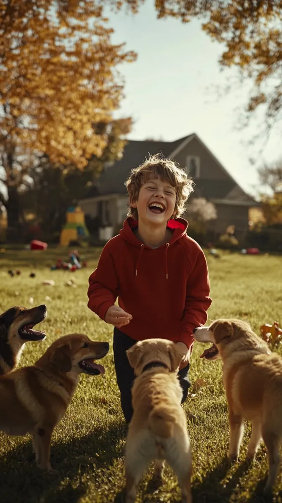 A boy in a red hoodie laughs heartily while surrounded by three golden-colored dogs in a lush green lawn.  Autumn leaves frame the background, with a house visible in the distance. The joyful scene captures a moment of pure, carefree fun between a child and his canine companions. Sunlight streams through the trees, adding warmth to the image.