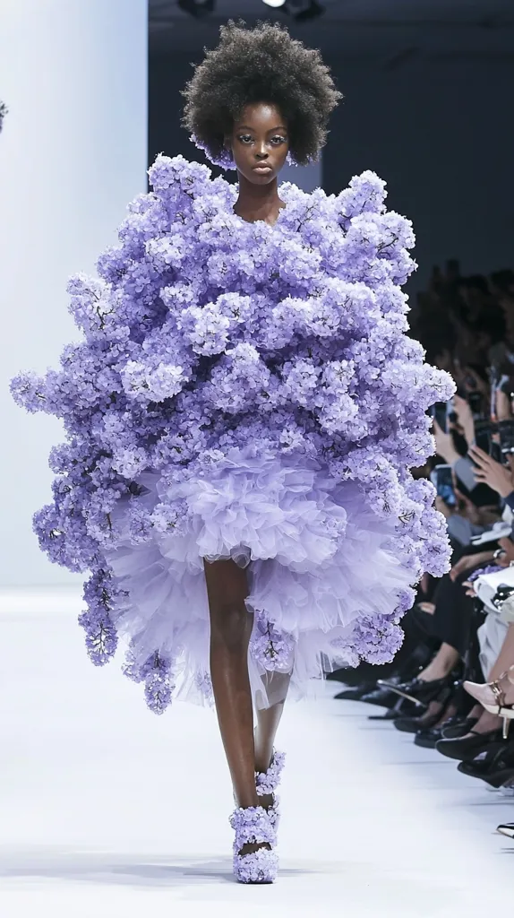 A model with a voluminous afro walks a runway in a breathtaking lavender gown.  The dress, a masterpiece of floral design, is entirely covered in light purple blossoms, cascading down to a tulle underskirt.  Matching flower-adorned heels complete the ensemble. The background shows a blurred audience watching the fashion show.  The overall effect is ethereal and dramatic.