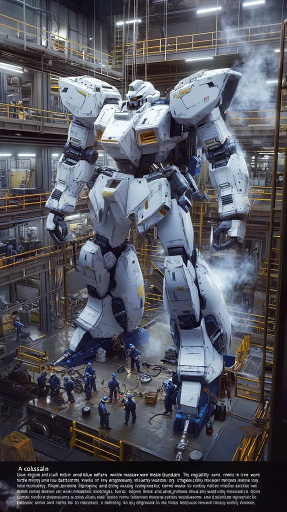 A colossal Gundam, a massive mobile suit, stands in a factory.  Workers in protective gear surround it, performing maintenance and final assembly.  The Gundam's white armor shows signs of wear, contrasting with the industrial setting.  Steam rises from its base, suggesting recent operation or testing.  The image is detailed, highlighting the scale of the mecha and the intricate work required to maintain it.