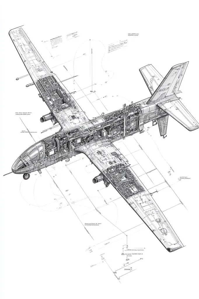 A detailed cutaway illustration showcases the internal structure of an aircraft.  The pen-and-ink drawing reveals intricate details of the plane's engine, cockpit, and other components, overlaid with engineering schematics and measurements.  The perspective offers a three-dimensional view, enhancing the complexity and precision of the design. The image suggests a technical blueprint or artistic rendering of an aircraft's internal workings.