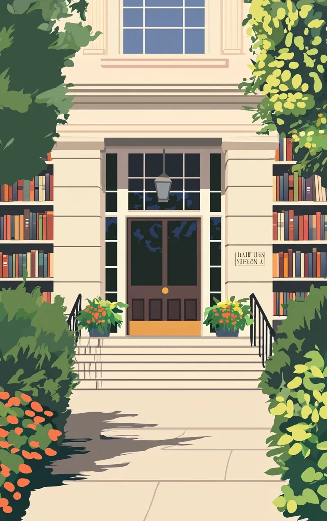 A cream-colored building with a grand entrance.  Double doors are framed by a large window, and flanked by built-in bookshelves overflowing with books.  Flower boxes add color to the steps leading to the entrance. Lush green foliage frames the scene, creating a serene and inviting atmosphere. The building's classical architectural details are subtly emphasized.  A simple plaque is visible near the entrance.