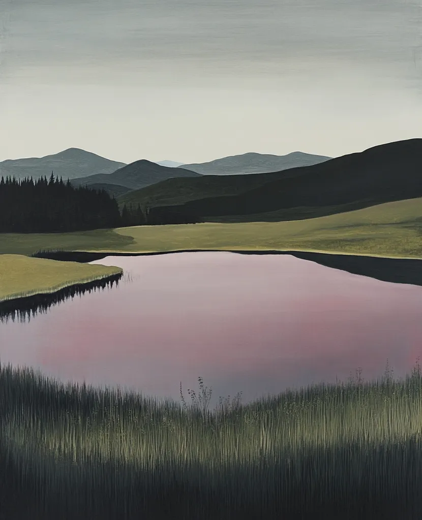 A serene landscape painting depicts a tranquil lake reflecting a soft, pinkish sky at sunset.  Dark green hills and a line of evergreen trees form a backdrop to the still water.  Tall grasses frame the bottom of the scene, creating a peaceful and minimalist composition. The muted color palette enhances the calm atmosphere.