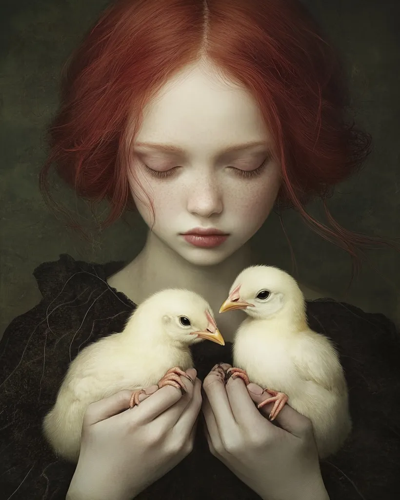 A young girl with vibrant red hair, eyes closed, holds two fluffy white chicks gently in her hands.  Her pale skin and serene expression create a peaceful, almost ethereal mood.  The dark background and soft lighting enhance the image's delicate and mysterious atmosphere.  The overall effect is one of quiet contemplation and gentle care.
