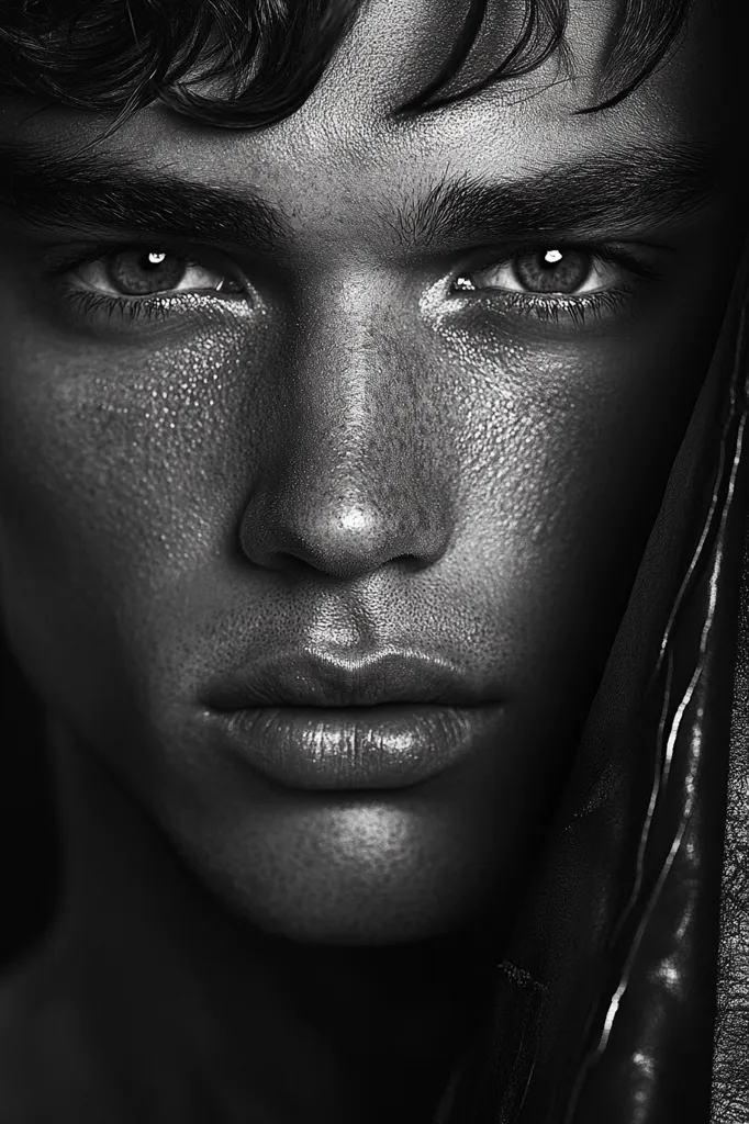 A close-up black and white portrait of a young man. His face is highlighted, showcasing his intense gaze, defined features, and slightly freckled skin.  His dark hair is slightly tousled, and he's partially draped in a dark, textured fabric, possibly leather. The image emphasizes texture and contrast, creating a dramatic and moody atmosphere.
