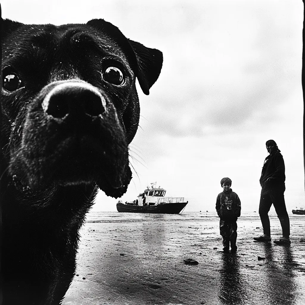 A black dog's face dominates the foreground, its large eyes and wet nose in sharp focus.  In the background, a small boat sits on a beach, with a woman and child standing nearby, silhouetted against the overcast sky. The monochrome image creates a stark contrast between the dog's close-up and the distant figures on the shoreline, emphasizing the dog's playful intrusion into the scene.