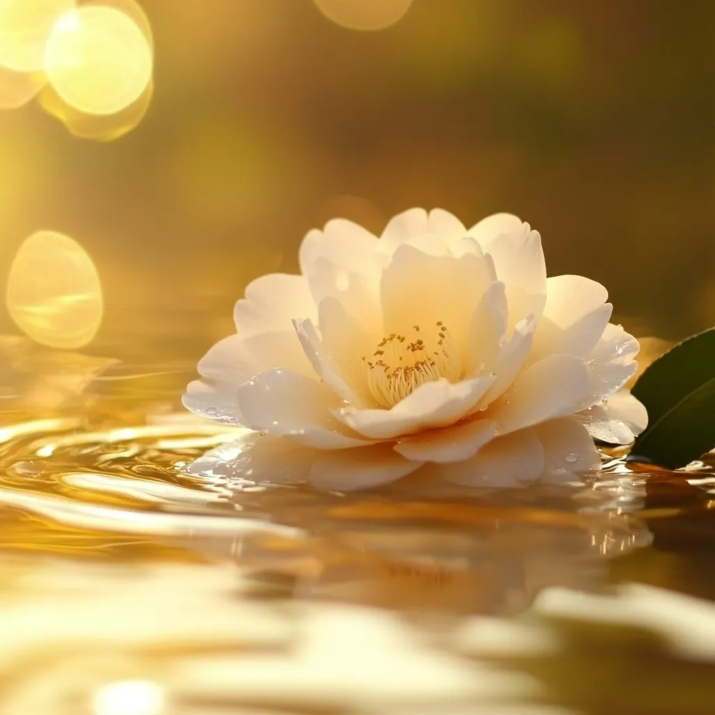 A delicate, creamy white camellia flower floats serenely on golden water.  The surface shimmers with gentle ripples, reflecting the soft, warm light of the sun.  Bokeh effects blur the background, creating a dreamy, peaceful atmosphere.  The flower's petals are subtly wet, adding to its ethereal beauty. The overall image evokes a sense of tranquility and natural elegance.