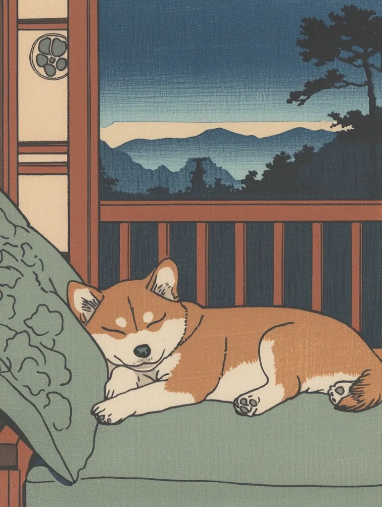 A Shiba Inu puppy sleeps soundly on a cushioned bench, nestled against a patterned pillow.  A large window reveals a tranquil evening landscape of distant mountains and dark trees under a twilight sky.  The scene is rendered in a style reminiscent of Japanese woodblock prints, with bold lines and muted colors.  The overall impression is one of peaceful serenity.