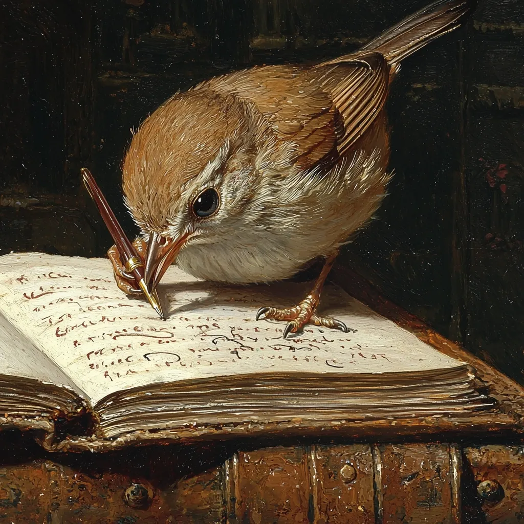 A small brown bird, perched atop an antique book, meticulously holds a quill pen.  Its intense focus is captured as it appears to be writing in the open pages, the scene bathed in warm, dark light.  The detailed rendering of the bird's feathers and the aged book creates a sense of quiet contemplation and scholarly charm.  The overall style suggests a classical or realistic painting.