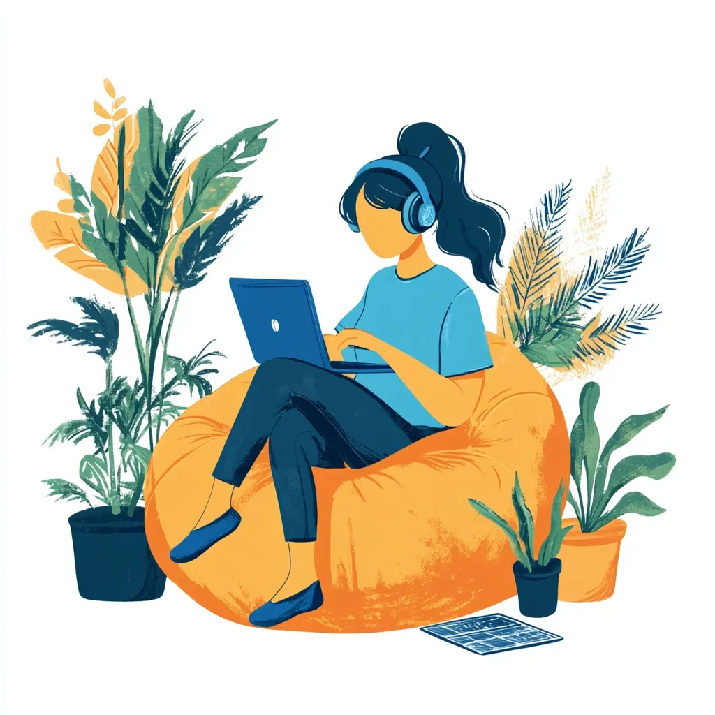 A woman with headphones sits comfortably in a beanbag chair, working on a laptop.  Surrounding her are potted plants, creating a relaxing and productive workspace. She's dressed casually in a blue shirt and dark pants, focused on her work. The illustration features a vibrant color palette and a stylized, hand-drawn aesthetic, suggesting a calm and creative atmosphere.  A magazine or newspaper lies on the floor nearby.