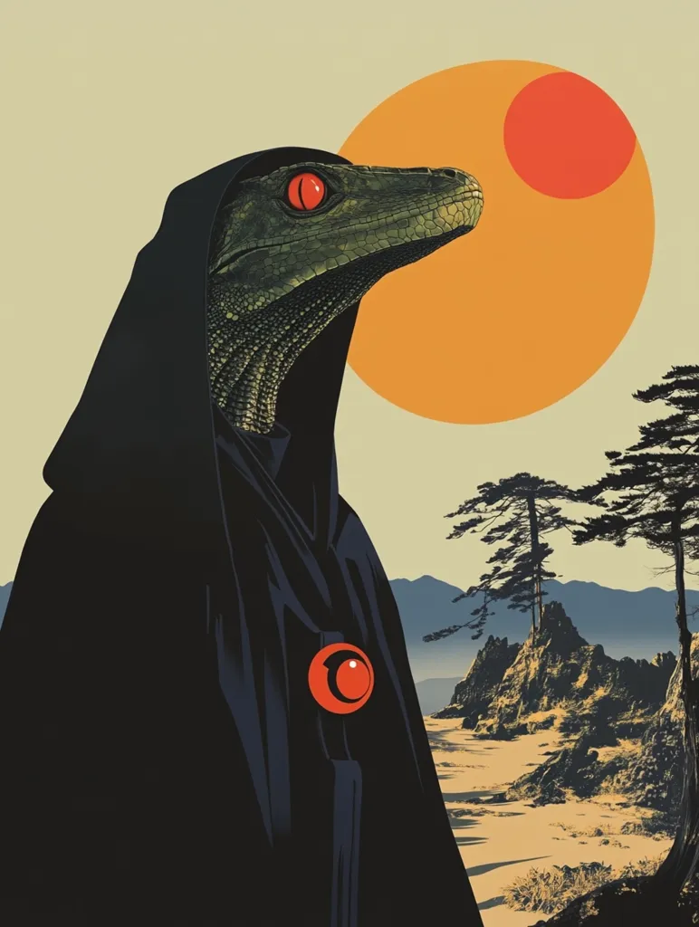 A stylized illustration depicts a reptilian figure, cloaked in black with glowing red eyes, standing against a serene landscape.  A large, orange sun dominates the background, with a smaller, red sun partially obscured.  The scene suggests a mystical or fantastical setting, with a minimalist color palette and sharp lines defining the forms. The reptile wears a circular emblem on its chest.  The overall mood is one of quiet contemplation and mystery.